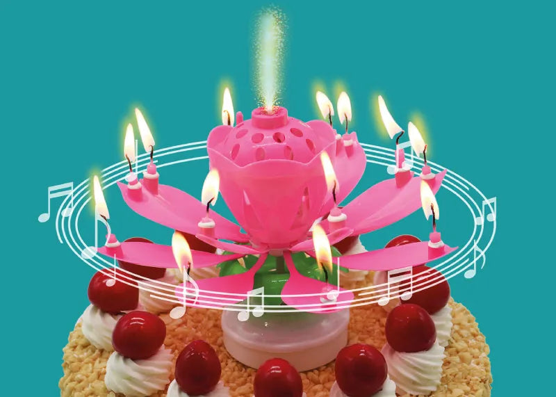The flower candle opens and spins with 14 lit candles.